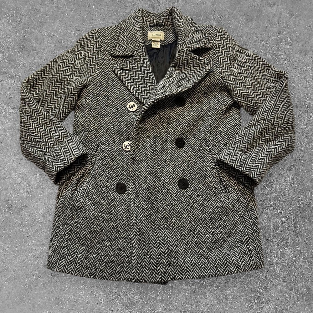 LL Bean Womens Gray White Herringbone Wool Blend Peacoat Jacket Size 10